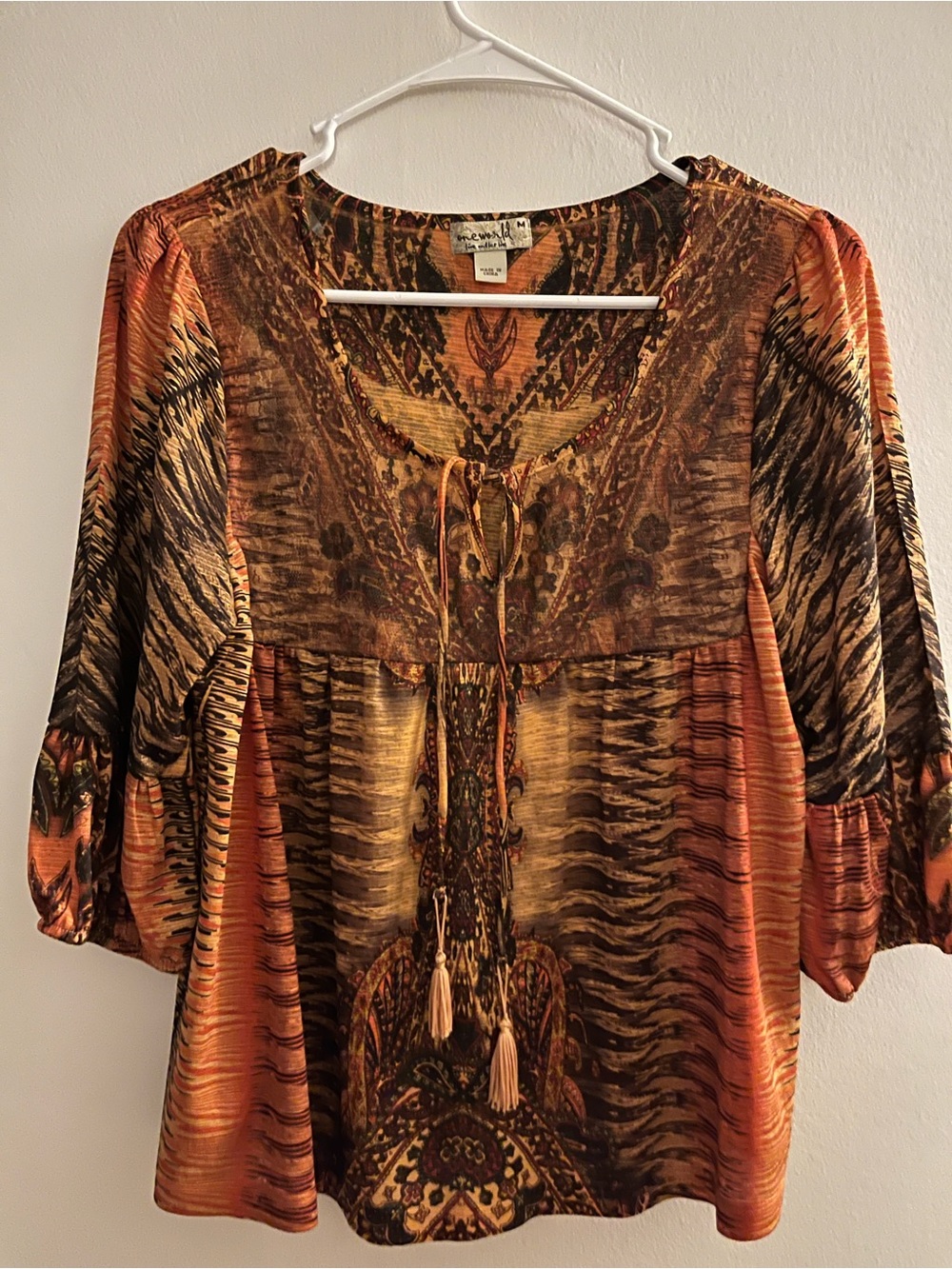 ONE WORLD Orange & Brown Printed Boho Tunic with Tassel Tie